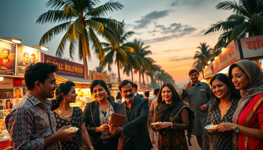 A glamorous Bollywood-themed scene for "Hiburan Bollywood" featured in a vibrant, bustling marketplace in Mumbai during twilight. In the foreground, a fashionable group of well-dressed South Asian men and women, wearing stylish, modest clothing, engage in lively conversation as they enjoy street food. They exude excitement and energy. The middle ground showcases colorful stalls adorned with traditional Bollywood posters and ethnic jewelry, while a soft golden light bathes the area, creating a warm and inviting ambiance. In the background, tall palms sway gently against the deepening twilight sky, dotted with hints of film industry reflections, symbolizing the glitz and glamour of Bollywood. The angle is slightly elevated, capturing the dynamic energy and colors, while maintaining a professional look throughout.