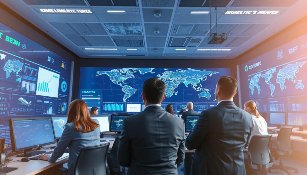 A modern logistics control center showcasing efficiency and centralized coordination. In the foreground, a diverse team of professionals in business attire monitors data on large screens, analyzing real-time logistics metrics. The middle ground features a sleek workspace filled with advanced technology and digital dashboards. In the background, a sophisticated network of maps and transport routes connects various international locations, symbolizing streamlined operations. Bright, natural light floods the room, highlighting the collaborative atmosphere, enhanced by a subtle blue hue that evokes professionalism. A wide-angle lens captures the entire scene, emphasizing teamwork and innovation in logistics management, framed in a dynamic, bustling mood of productivity and focus.