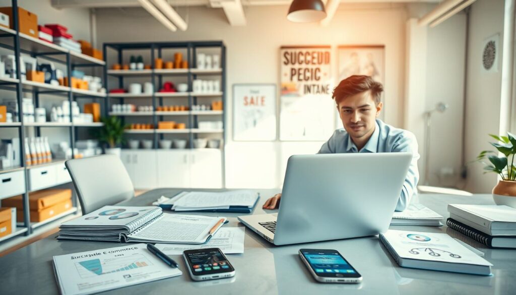 A modern workspace depicting the preparation for an online reseller business. In the foreground, a young entrepreneur, dressed in professional business attire, is sitting at a sleek desk with a laptop open, surrounded by product samples and inventory. In the middle, there are organizational tools like planners and charts showing sales strategies, along with a smartphone displaying social media marketing plans. In the background, a bright and airy office environment features shelves with neatly arranged products, illustrative posters of successful e-commerce, and a large window letting in warm, natural light. The atmosphere is focused and optimistic, reflecting the excitement of starting a new venture. Shot with a wide-angle lens to capture the bustling energy of the scene. A modern workspace depicting the preparation for an online reseller business. In the foreground, a young entrepreneur, dressed in professional business attire, is sitting at a sleek desk with a laptop open, surrounded by product samples and inventory. In the middle, there are organizational tools like planners and charts showing sales strategies, along with a smartphone displaying social media marketing plans. In the background, a bright and airy office environment features shelves with neatly arranged products, illustrative posters of successful e-commerce, and a large window letting in warm, natural light. The atmosphere is focused and optimistic, reflecting the excitement of starting a new venture. Shot with a wide-angle lens to capture the bustling energy of the scene.
