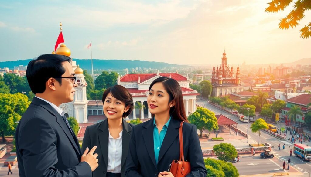 A vibrant and informative depiction of "otonomi daerah" in Indonesia. In the foreground, illustrate a diverse group of three professionals in smart business attire engaged in discussion, each from different ethnic backgrounds to emphasize Indonesia's rich cultural tapestry. In the middle ground, showcase a government building with traditional architectural elements, representing local governance, flanked by green trees and bustling streets depicting community life. In the background, present a panoramic view of a cityscape showing a blend of modern and traditional structures, symbolizing regional development. Use warm, natural lighting to create a welcoming atmosphere, capturing an optimistic mood that reflects collaboration and governance. The image should be well-composed, with a focus on harmony between community and government. A vibrant and informative depiction of "otonomi daerah" in Indonesia. In the foreground, illustrate a diverse group of three professionals in smart business attire engaged in discussion, each from different ethnic backgrounds to emphasize Indonesia's rich cultural tapestry. In the middle ground, showcase a government building with traditional architectural elements, representing local governance, flanked by green trees and bustling streets depicting community life. In the background, present a panoramic view of a cityscape showing a blend of modern and traditional structures, symbolizing regional development. Use warm, natural lighting to create a welcoming atmosphere, capturing an optimistic mood that reflects collaboration and governance. The image should be well-composed, with a focus on harmony between community and government.