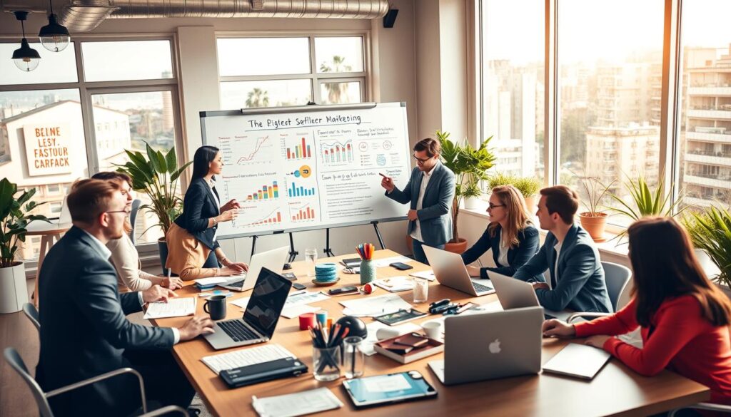 A vibrant digital workspace depicting effective online reseller marketing strategies. In the foreground, a diverse group of professionals, dressed in smart business attire, collaboratively discussing ideas around a large table filled with charts, laptops, and marketing materials. In the middle, a large whiteboard covered with colorful graphs and notes on marketing strategies and social media outreach. In the background, large windows let in natural light, illuminating a bright and modern office environment with plants and motivational posters. The atmosphere is energetic and collaborative, suggesting innovation and teamwork among the resellers. Use warm lighting to create an inviting mood and a slightly angled aerial perspective to capture the dynamics of the scene. A vibrant digital workspace depicting effective online reseller marketing strategies. In the foreground, a diverse group of professionals, dressed in smart business attire, collaboratively discussing ideas around a large table filled with charts, laptops, and marketing materials. In the middle, a large whiteboard covered with colorful graphs and notes on marketing strategies and social media outreach. In the background, large windows let in natural light, illuminating a bright and modern office environment with plants and motivational posters. The atmosphere is energetic and collaborative, suggesting innovation and teamwork among the resellers. Use warm lighting to create an inviting mood and a slightly angled aerial perspective to capture the dynamics of the scene.
