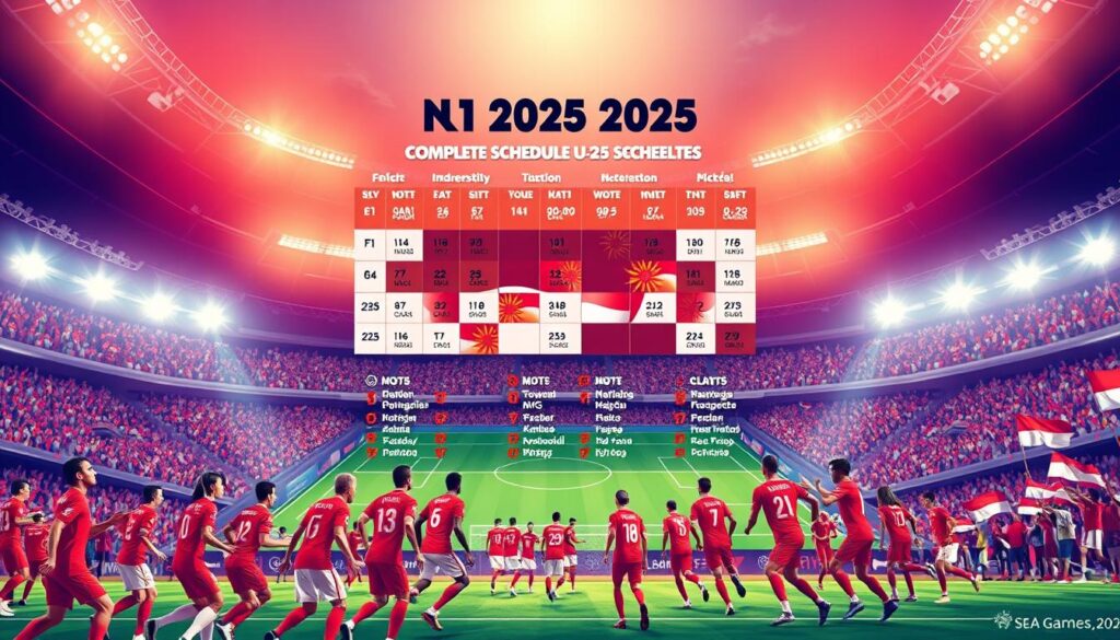 A visually striking and dynamic illustration representing the complete schedule for the Indonesian U-22 national football team participating in the SEA Games 2025. In the foreground, a vivid depiction of a football pitch with players in crisp, professional kits showcasing athleticism and teamwork. The middle layer features a stylized calendar visually integrating match dates and locations, depicting various game elements like footballs and flags to emphasize competition. The background portrays a bustling stadium filled with enthusiastic fans waving Indonesian flags under bright stadium lights, capturing an energetic and hopeful atmosphere. The image should have a vibrant color palette, with a focus on reds and whites to reflect the national colors, creating a sense of pride and excitement for the upcoming games. No text or watermarks present.